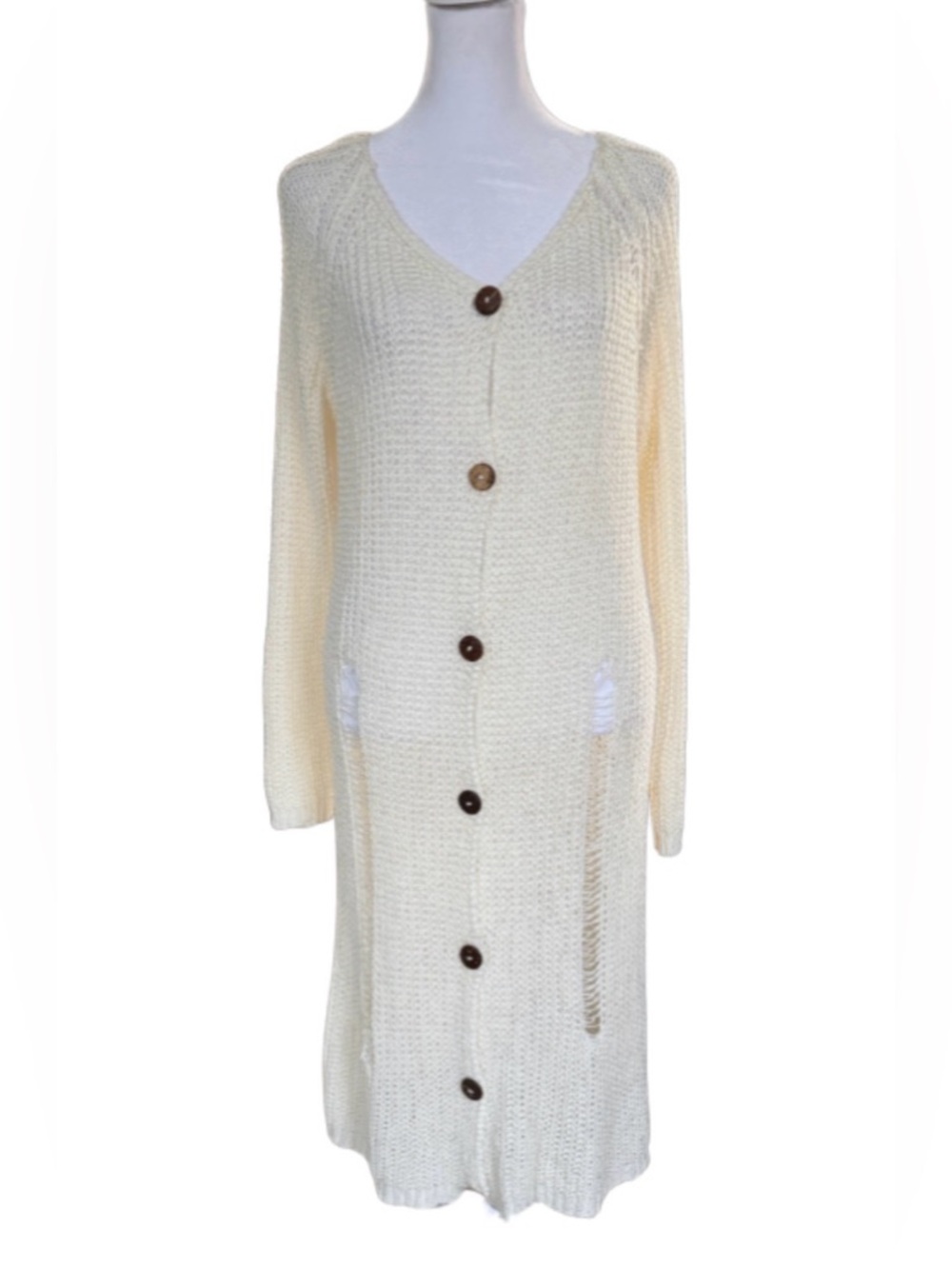 POL Cream Knit Long Cardigan Sweater Dress Button Front - Picture 1 of 3